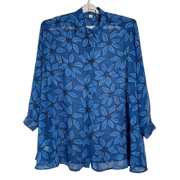 ERES Paris Cover-Up Shirt Blue Floral Sheer Beach lounge Button Up FRANCE
